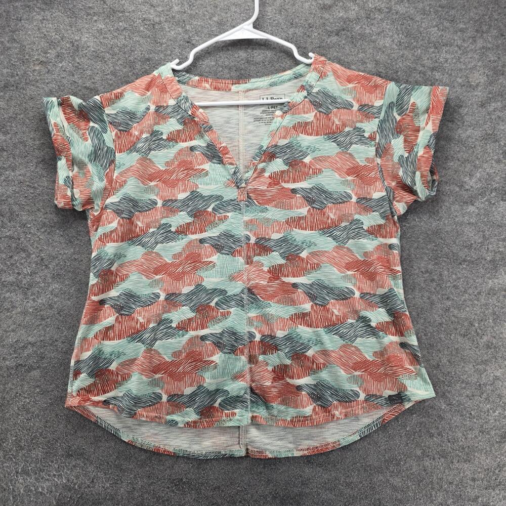 L.L.Bean Shirt Womens Large Petite Multicolor V Neck Short Sleeve Print Top